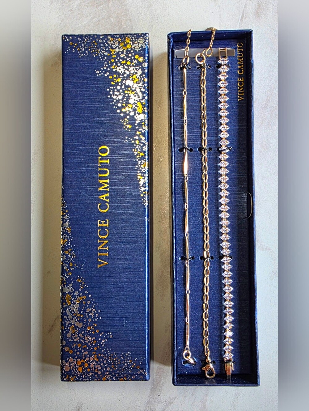 Vince Camuto 3Pc Bracelet Gift Set Gold Tone Marquise Crystal Paperclip 8" NIB